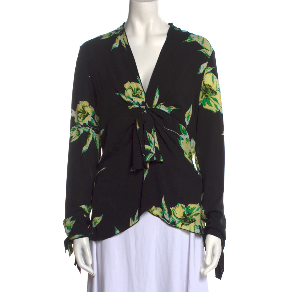 Proenza Schouler Plunge V Floral Blouse Size‎ 0 XS Black Green Cottagecore Boho
